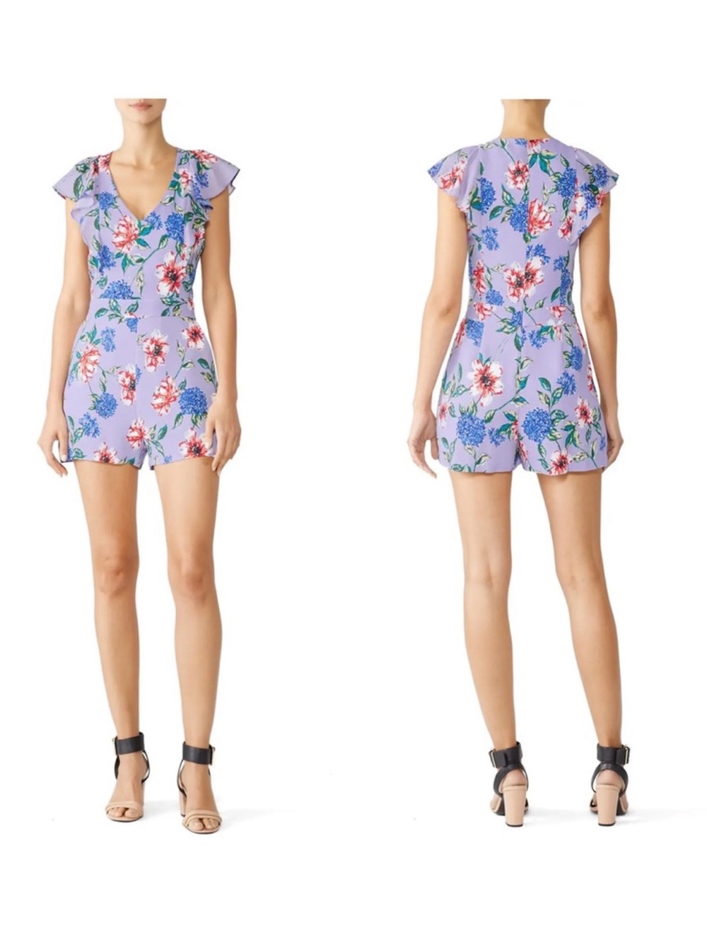 New! Parker Ana Floral Romper Purple Blue Red Flutter Sleeve V-Neck - Picture 2 of 8